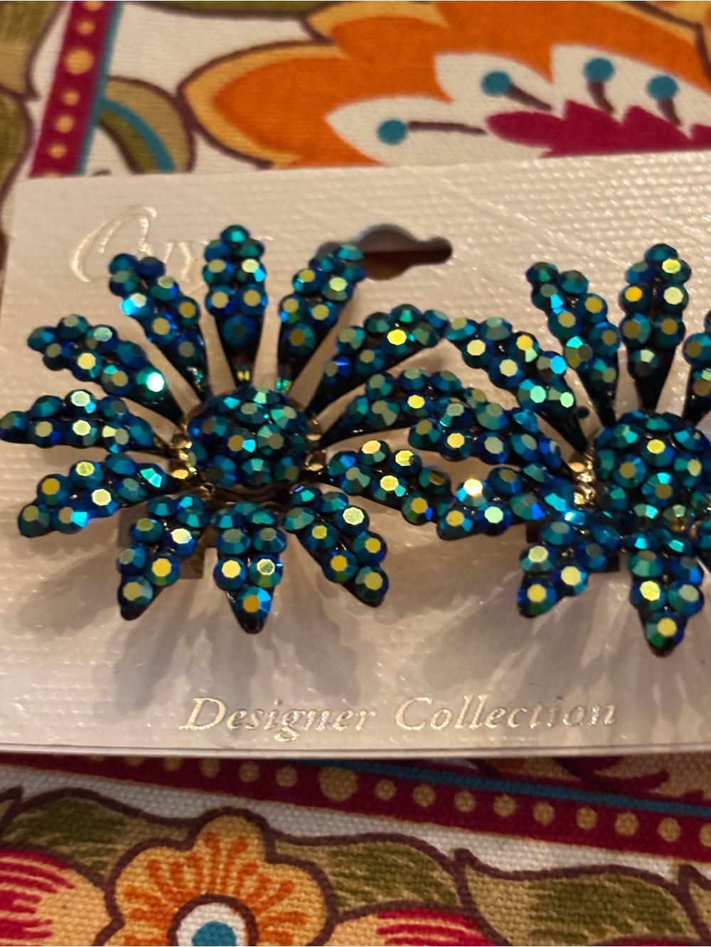 Vintage Clip Blue Teal Crystal Flower Earrings